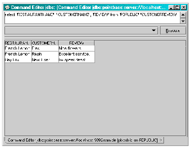 Screenshot showing PointBase console with three reviews displayed.