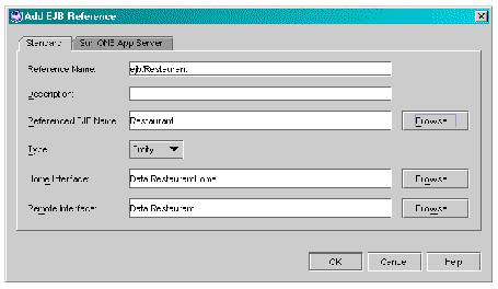 Add EJB Reference dialog box showing example values entered.