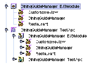 Segment of Explorer window showing expanded DiningGuideManager_EJBModule and expanded DiningGuideManager_TestApp.