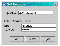 CMP Resource editor window showing example value in JNDI Name field, "scott" in Name field, and "tiger" in Password field.