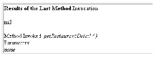 Results section showing returned as null, Method Invoked as getRestaurantDetail, and "none" for parameters.