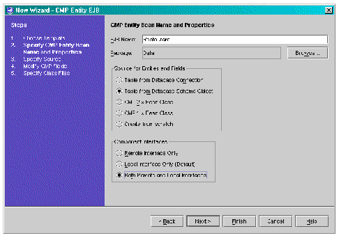 New wizard's CMP Entity Bean Home and Properties page shows example values entered. The buttons are Back, Next, Finish, Cancel, and Help.