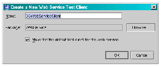 New Test Client dialog box showing DGWebServiceClient in Name field, WebService as Package, and Make this the default test client option selected.