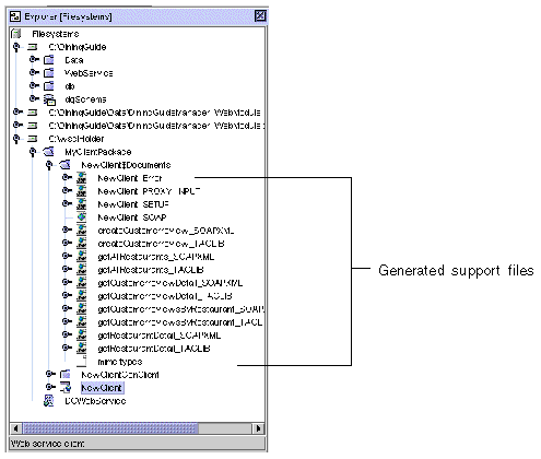 Explorer window shows expanded MyClientPackage/NewClient/Generated Documents nodes containing the generated JSP pages and welcome page.