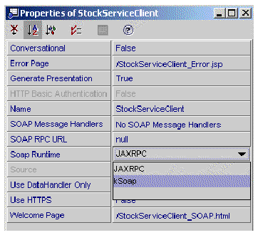 Screenshot of client properties, showing SoapRuntime property with choices JAXRPC and kSoap.