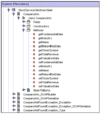 Screenshot of Explorer partial display of classes for a client JAX-RPC proxy.