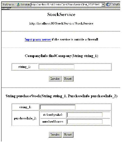 Screenshot of web browser display, showing client welcome page with buttons and fields to invoke two web service methods, passing input parameters.