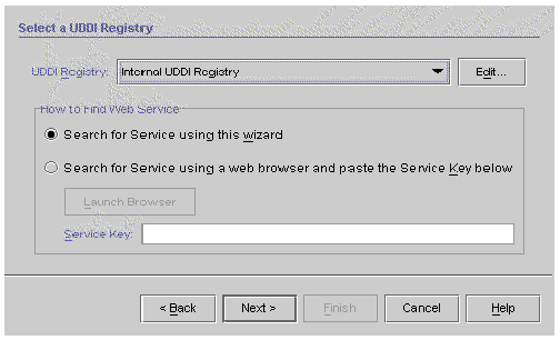 Screenshot of Select a UDDI Registry dialog box. Buttons are Back, Next, Finish, Cancel, and Help.