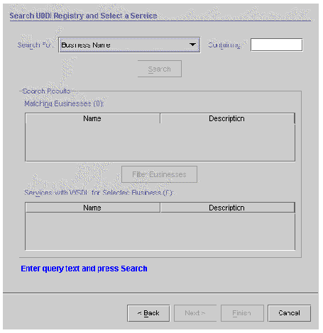 Screenshot showing Search a UDDI registry and select a web service dialog. Buttons are Search, Filter Businesses, Back, Next, Finish, and Cancel.