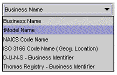 Screenshot of registry search types. Select one type from the list. The default type is Business Name.