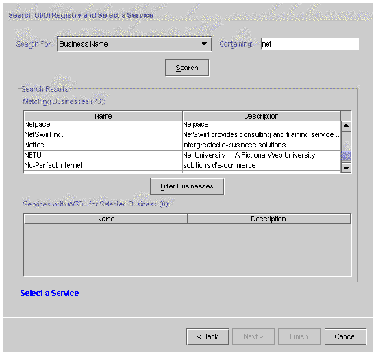 Screenshot of registry search dialog displaying matching business. Buttons are Search, Filter Businesses, Back, Next, Finish, and Cancel.