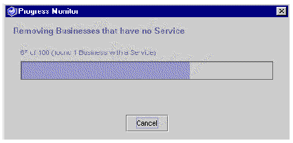 Screenshot of Progress Monitor with progress bar labeled Removing Business that have no Service. Button is Cancel.
