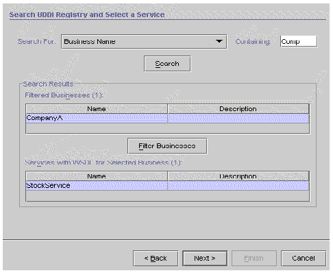 Screenshot of registry search dialog, displaying filtered businesses. A business is selected and its service is displayed.