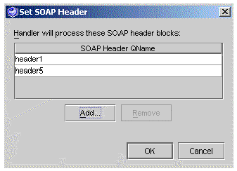 Screenshot showing the Set SOAP Header Dialog Box with two header names.