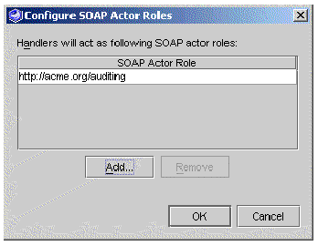 Screenshot showing the Configure SOAP Actor Roles Dialog Box with one actor role.