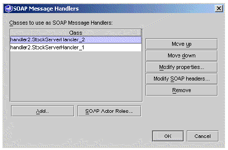 Screenshot showing the SOAP Message Handlers Dialog Box with two handler classes.
