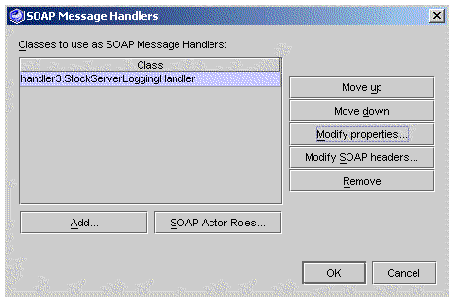 Screenshot showing the SOAP Message Handlers Dialog Box with one handler class.