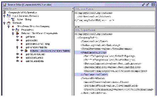 Screenshot of Source Editor, showing a selected node under Data Source Methods, and the corresponding highlighted XML Output Format tags.