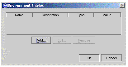 Screenshot showing Environment Entries property editor. Buttons are Add, Edit, Remove, OK, and Cancel.