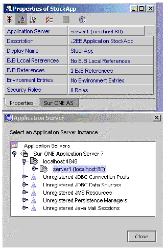 Screenshot showing J2EE application properties with Default Application Server selected and Property Editor displayed.