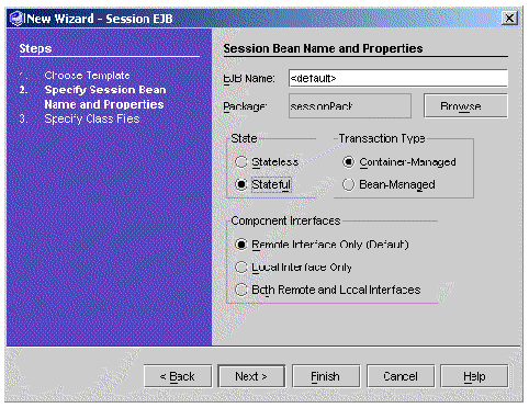 Screenshot showing wizard for creating a stateful session bean.