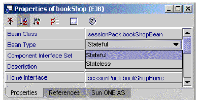 Screenshot showing Bean Type property of a stateful session bean.