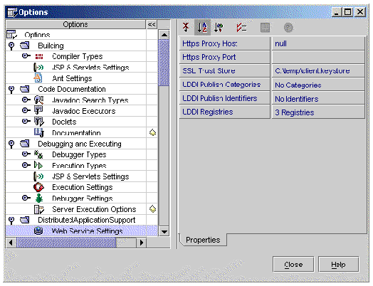Screenshot showing UDDI Registries options, with buttons to set defaults and open the registries list. Other buttons are Close and Help.