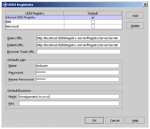 Screenshot showing Registries Property Editor. Buttons are Add, Delete, OK, and Cancel.