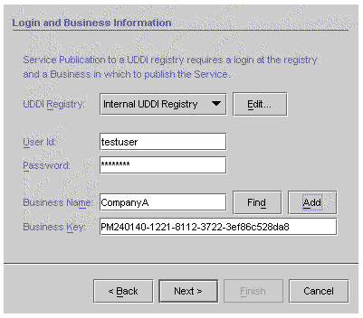 Screenshot of Login and Business Information dialog box. Buttons are Edit, Find, Add, Back, Next, Finish, and Cancel.