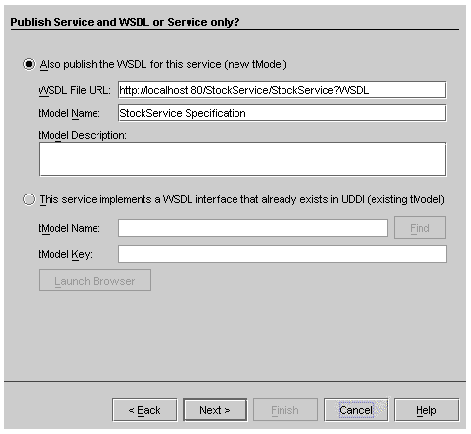 Screenshot of UDDI tModel selection dialog box. Buttons are Find, Launch Browser, Back, Next, Finish, and Cancel.