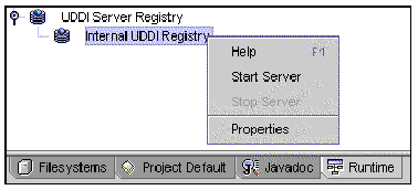 Screenshot of Explorer Runtime tab, with UDDI Server Registry node, internal registry node, and Start Server menu item.