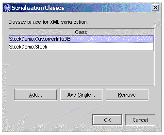 Screenshot of serialization classes property editor, showing list of classes, Add, Remove, OK, and Cancel buttons.