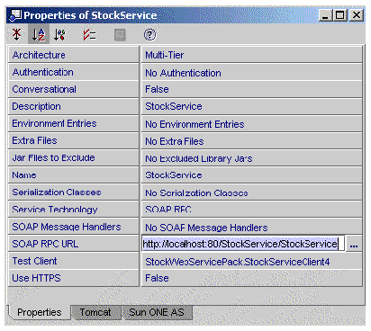 Screenshot showing web service properties with SOAP RPC URL property highlighted.