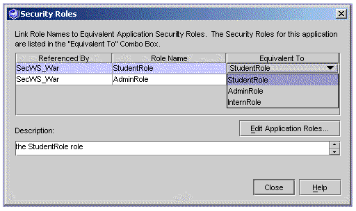 Screenshot of the Security Roles dialog box, showing War files, role names, linked role names, and description, with Edit, Close, and Help buttons.