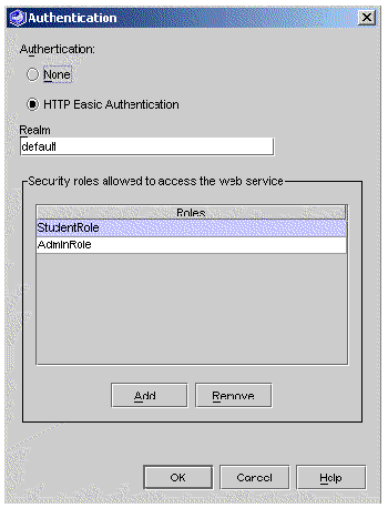 Screenshot of the Authenication dialog box, showing authencation type and security roles. Buttons are Add, Remove, OK, and Cancel.