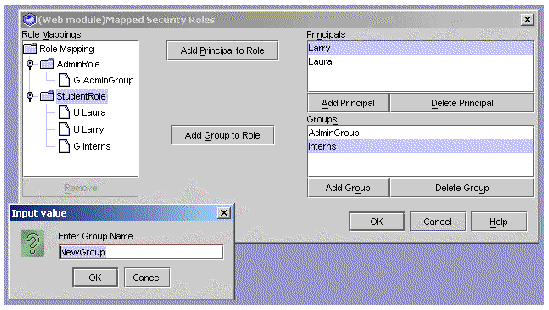 Screenshot of the Mapped Security Roles dialog box, showing principals, groups, and role mappings, with Add and Delete buttons.