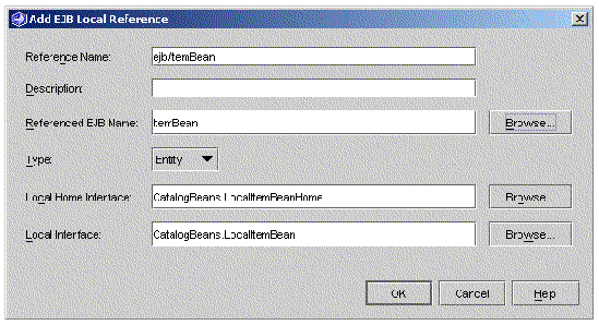 Screenshot of Add Local EJB Reference dialog box.