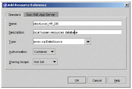 Screenshot of EJB node's Add Resource Reference dialog.