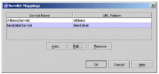 Screenshot of Servlet Mappings Property Editor with edited mappings for AllItemsServlet and DetailServlet.