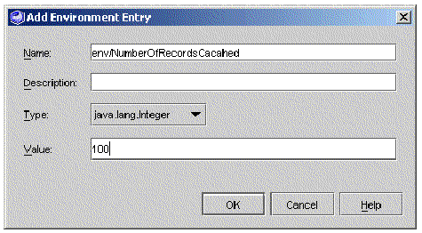 Screenshot of Add Environment Entry dialog. Field values are, Name, NumberOfRecordsCached, and Value, 100.