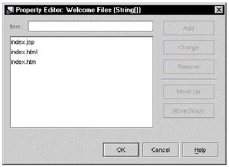 Screenshot of Welcome Files property editor, showing the default welcome file names of index.jsp, index.html, and index.htm.