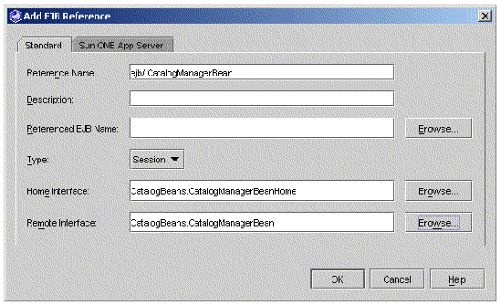 Screenshot of EJB Reference Property editor with values in Reference Name, Type, Home Interface, and Remote Interface fields.