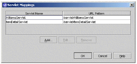 Screenshot of Servlet Mappings Property Editor with default mappings for AllItemsServlet and DetailServlet