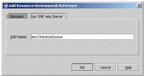 Screenshot of the web module Add Resource Environment Reference dialog's Sun ONE App Server tab. The JNDI Name field has the value jms/CheckoutQueue.