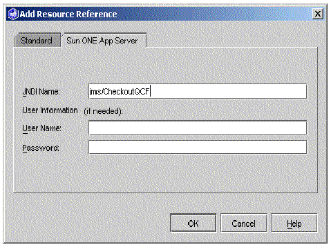 Screenshot of the Add Resource Reference dialog's Sun ONE App Server tab.