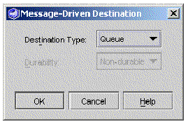 Screenshot of the message-driven bean's Message-Driven Destination property editor. The Destination Type property is set to Queue.