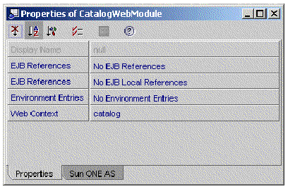 Screenshot of Property sheet for the catalog web module. The Web Context field has the value catalog.