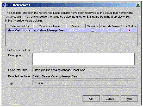 Screenshot of the application node's EJB references property editor with an unlinked reference.