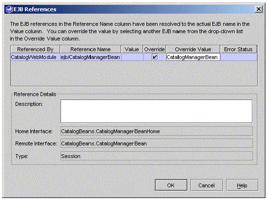 Screenshot of the application node's EJB references property editor with an unlinked reference.