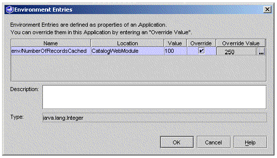 Screenshot of J2EE application property sheet showing an override value.